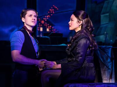 This image released by Boneau/Bryan-Brown shows Aaron Tveit, left, and Karen Olivo during a performance of the musical "Moulin Rouge!" Tveit and Olivo received Tony nominations for their roles in the production, which also garnered a nomination for best musical. (Matthew Murphy/Boneau/Bryan-Brown via AP)