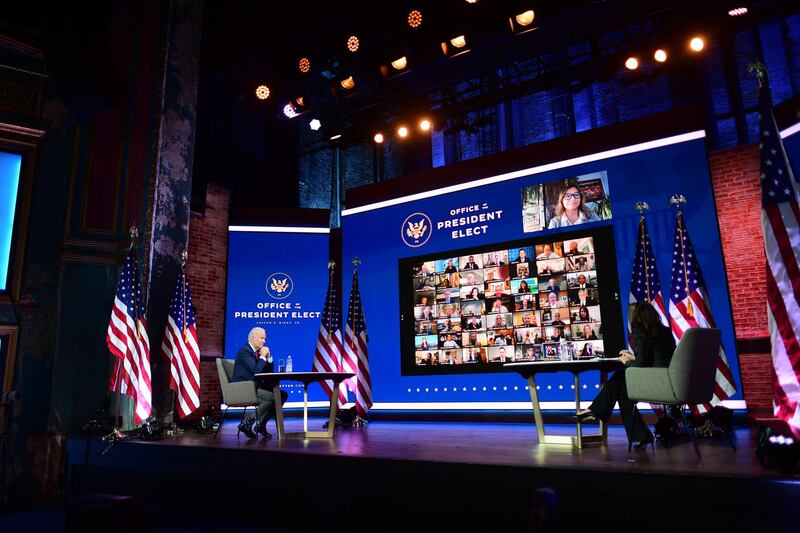 President-elect Joe Biden and Vice President-elect Kamala Harris participate in a virtual meeting with the United States Conference of Mayors in Wilmington, Delaware. AFP