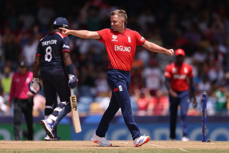 England's Sam Curran celebrates the wicket of USA opener Steven Taylor for 12. Getty Images