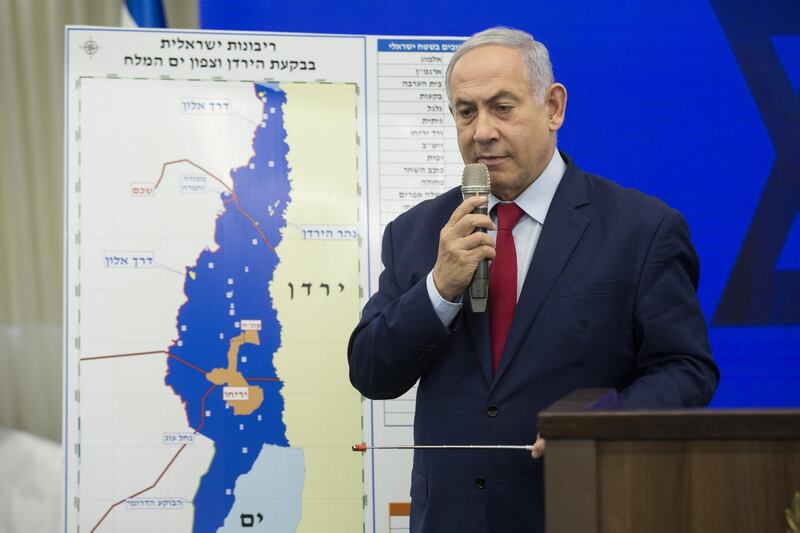 Israeli Prime Minster Benjamin Netanyahu speaks during his pledge to annex the Jordan Valley in the Occupied West Bank if he is re-elected. Getty Images