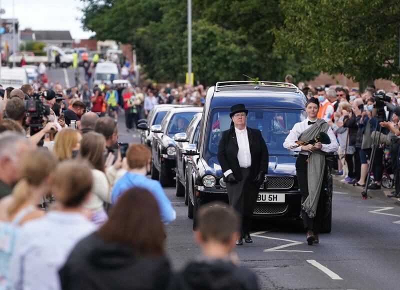 The funeral cortege of Jack Charlton passes through his hometown of Northumberland in Ashington. EPA