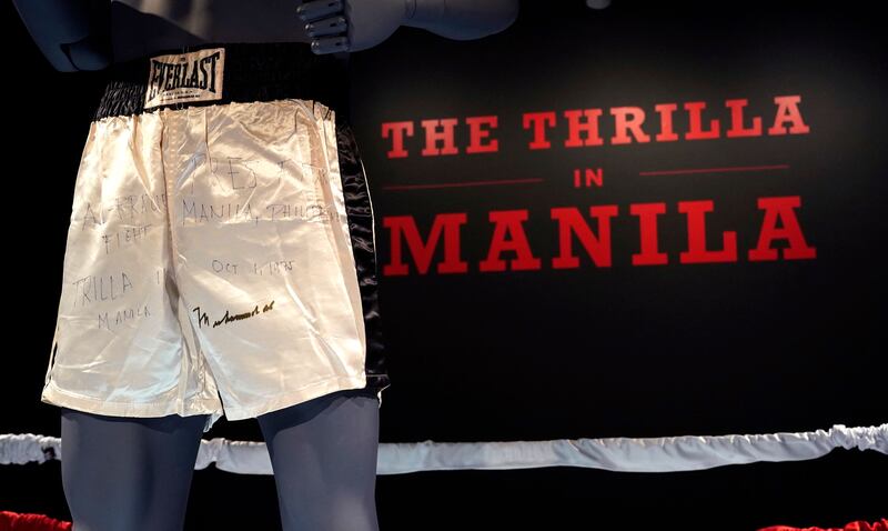 Muhammad Ali’s trunks worn during the 1975 boxing bout against Joe Frazier dubbed ‘The Thrilla in Manila’ are on display during 'Sports Week' auctions at Sotheby's in New York City on April 4, 2024. AFP