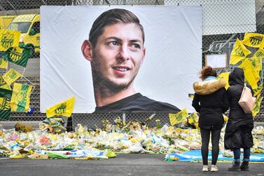 The portrait of Argentine forward Emiliano Sala at the Beauvoir stadium in Nantes. AFP