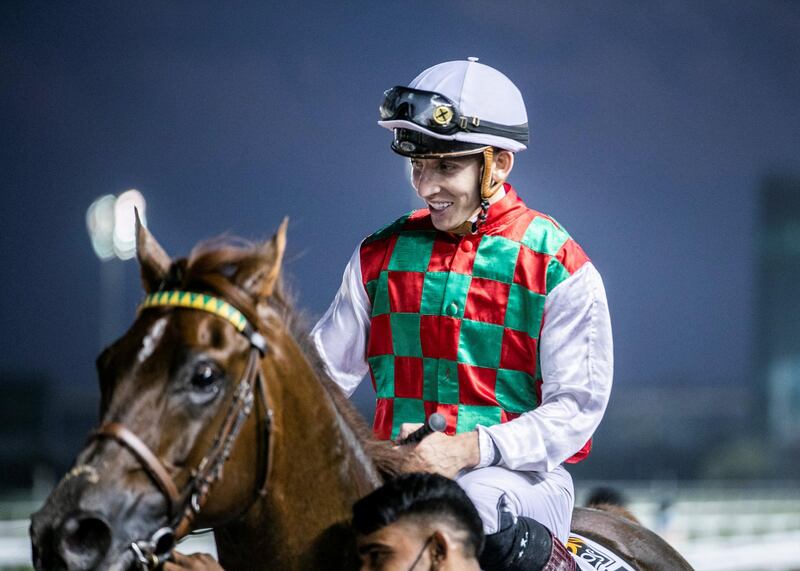 DUBAI, UNITED ARAB EMIRATES. 25 FEBRUARY 2021. 
Jockey Ryan Curatolo on Brraq (FR), wins Al Maktoum Challenge R3 race, at Meydan Racecourse.

BRRAQ (FR)
8 yrs. Ch H (28 days since last race)
Mahabb (AE) - Fattana (FR) by Njewman (FR)
Owner:Yas Racing
Breeder:Sh Mansoor bin Zayed Al Nahyan

Photo: Reem Mohammed / The National
Reporter: Amith Passala
Section: SP