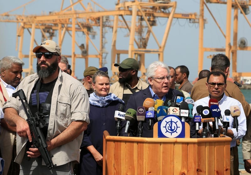 UN envoy to Yemen Martin Griffiths speaks to the media during a visit to the Red Sea port of Hodeidah, Yemen. Reuters