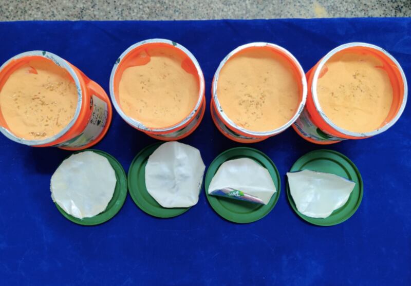 Authorities in Chennai, India, intercepted 2.5kg of gold granules hidden in four containers of instant orange drink, Tang on Monday, May 10, 2021. Courtesy: Chennai Customs
