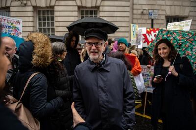 LONDON, ENGLAND - MARCH 08: Leader of the Labour party, Jeremy Corbyn during the March for Women on International Women's Day on March 8, 2020 in London, England. International Women's Day is celebrated on 8th March every year and is a global day celebrating the social, economic, cultural and political achievements of women whilst serving as a focal point for women's rights. (Photo by Chris J Ratcliffe/Getty Images)