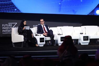 US Treasury secretary Steven Mnuchin speaking to Tadawul chairwoman Sarah Al-Suhaimi at the Future Investment Initiative in Riyadh on Wednesday. Bloomberg.