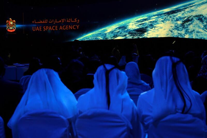 A presentation by the UAE Space Agency at the National Exhibition Centre in Abu Dhabi in May. Khalifa Al Romaithi, the chairman of the UAE Space Agency says there are “tremendous” commercial opportunities on offer. AFP