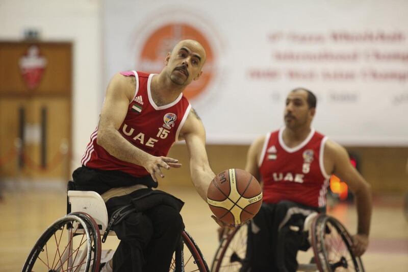 The UAE's men's wheelchair basketball team in action against Jordan at Al Ahli Sports Club in Dubai. Lee Hoagland / The National