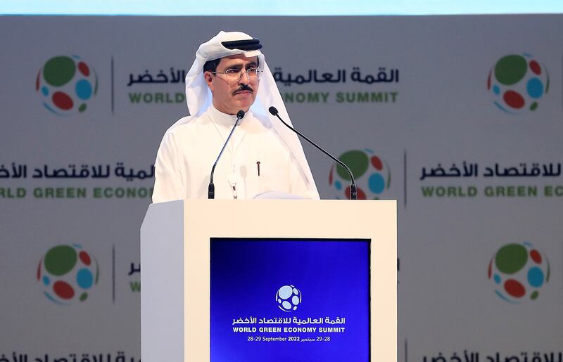 Dubai Electricity and Water Authority chief executive Saeed Al Tayer speaks during the World Green Economy Summit held at Dubai International World Trade Centre. All photos: Pawan Singh / The National