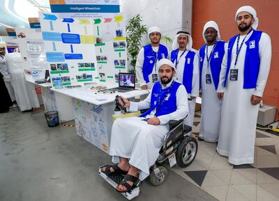 Abu Dhabi, United Arab Emirates, February 23, 2019.  Think Science Fair 2019 at Khalifa University.  The ADNOC Technical Academu- AUH with their Intelligent Wheelchair.
Victor Besa/The National
Section:  NA
Reporter:  Shireena Al Nowais