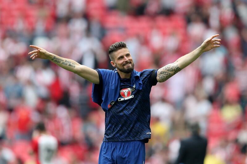 LONDON, ENGLAND - APRIL 22:  Olivier Giroud of Chelsea celebrates after winning the The Emirates FA Cup Semi Final match between Chelsea and Southampton at Wembley Stadium on April 22, 2018 in London, England.  (Photo by Dan Istitene/Getty Images)