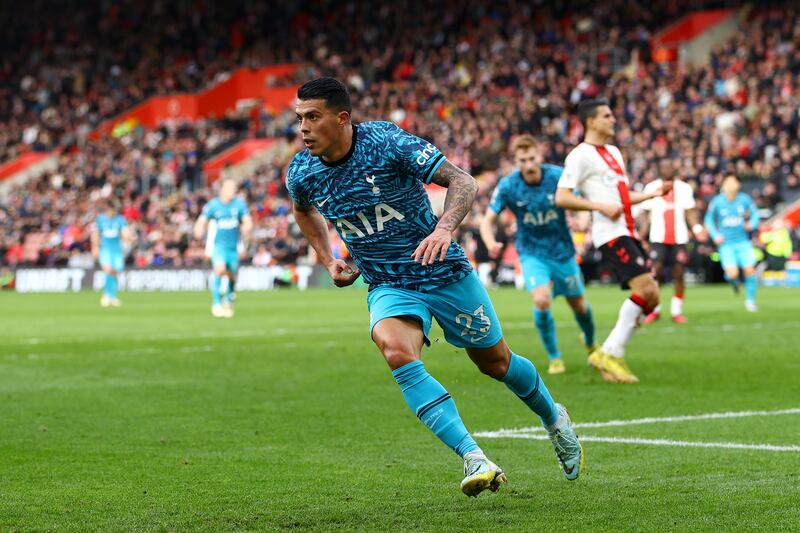 Pedro Porro of Tottenham Hotspur celebrates after scoring  at St Mary's Stadium. Getty