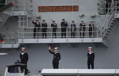 PORTSMOUTH, ENGLAND - MAY 01: HMS Queen Elizabeth leaves Portsmouth on May 01, 2021 in Portsmouth, United Kingdom. The UKâ€™s Carrier Strike Group, led by aircraft carrier HMS Queen Elizabeth, will visit more than one fifth of the worldâ€™s nations during the deployment. The task group will visit 40 nations covering 26,000 nautical miles. Joining HMS Queen Elizabeth on her maiden deployment are destroyers HMS Diamond and Defender, frigates HMS Richmond and Kent, an Astute-class submarine in support and Royal Fleet Auxiliary support ships RFA Fort Victoria and RFA Tidespring. (Photo by Finnbarr Webster/Getty Images)