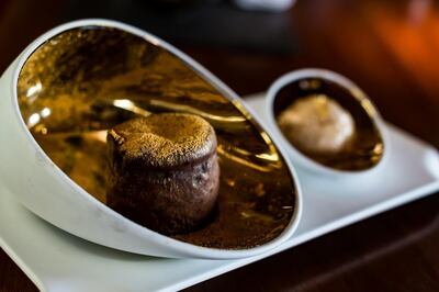 Chocolate fondant with golden leaves at 99 Sushi