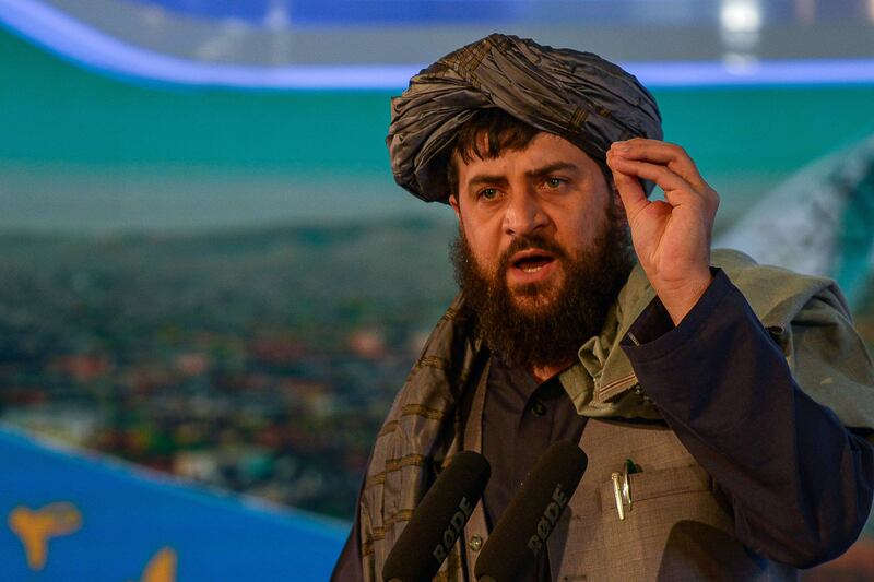 Acting Defence Minister Mohammad Yaqoob speaks at a gathering in Kabul to mark the first anniversary of the Taliban's return to power. AFP