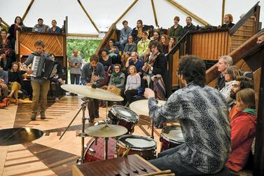 The Pianodrome auditorium is made entirely from old piano parts. Courtesy Pianodrome