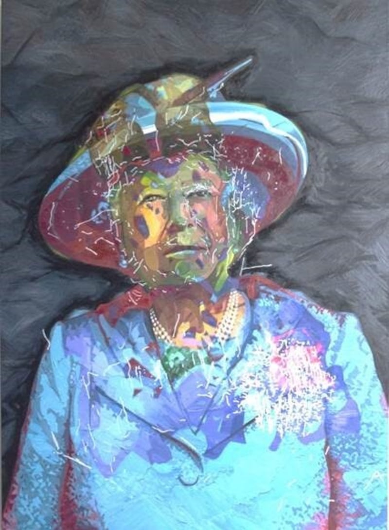 Undated handout photo issued by Aidan Meller of a portrait of Queen Elizabeth II, painted by an ultra-realistic humanoid robot artist. The painting, titled 'Algorithm Queen', was painted by Ai-Da robot, an AI robot built in 2019 that creates drawings, paintings and sculptures.
