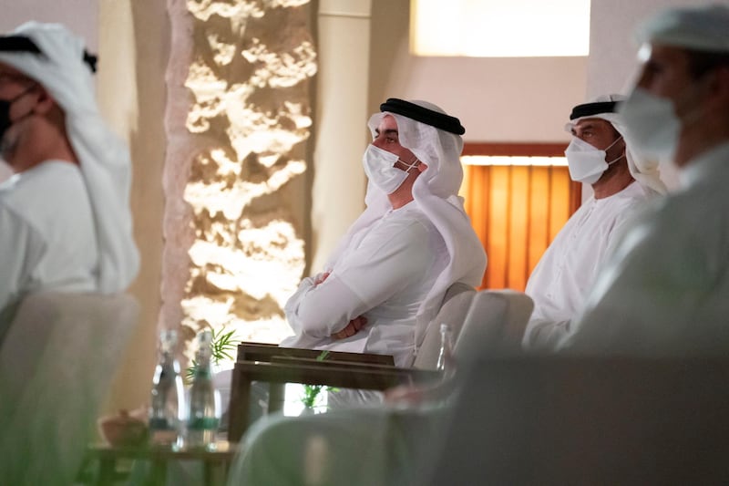 ABU DHABI, UNITED ARAB EMIRATES - April 07, 2021: HH Lt General Sheikh Saif bin Zayed Al Nahyan, UAE Deputy Prime Minister and Minister of Interior (C), attends the Abu Dhabi Awards ceremony, at Qasr Al Hosn.

( Hamad Al Mansoori / Ministry of Presidential Affairs  )
---
