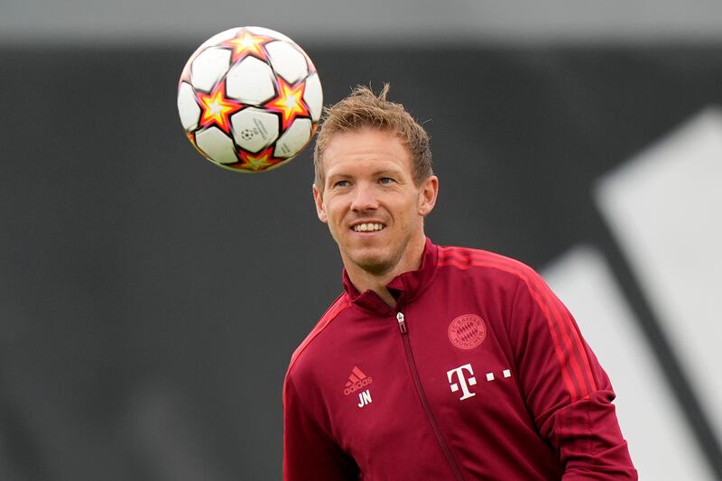 Bayern's head coach Julian Nagelsmann watches the ball during a training session. AP