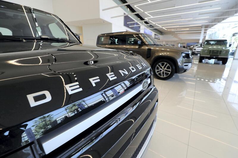DUBAI, UNITED ARAB EMIRATES , June 27 – 2020 :- Land Rover Defender on display at the Land Rover Defenders showroom on Sheikh Zayed Road in Dubai. (Pawan Singh / The National) For Motoring. Story by Simon