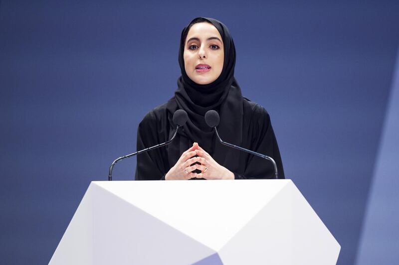 Shamma Al Mazrui, Minister of State for Youth Affairs, addresses the IGCF in Sharjah on Monday. Christopher Pike / The National