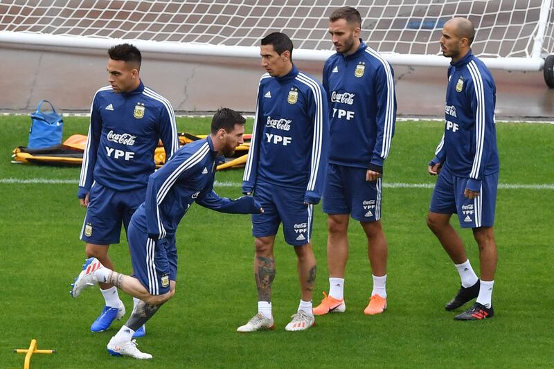 From left: Lautaro Martinez, Lionel Messi, Angel Di Maria, German Pezzela and Guido Pizarro take part in a training session. AFP
