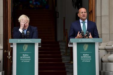 Boris Johnson appears exasperated during a joint press conference with Irish Taoiseach Leo Varadkar in Dublin last month. The two leaders will meet on Thursday as a British exit from the EU - with no agreement over trade, tariffs on goods or borders - looks inevitable. Getty