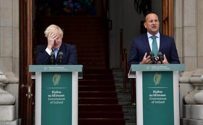DUBLIN, IRELAND - SEPTEMBER 09: Irish Taoiseach Leo Varadkar (R) speaks to the media ahead of his meeting with British Prime Minister Boris Johnson at Government Buildings on September 9, 2019 in Dublin, Ireland. The meeting between the Prime Minister and the Taoiseach focused on Brexit negotiations, with Varadkar warning Johnson that leaving the EU with no deal risked causing instability in Northern Ireland. (Photo by Charles McQuillan/Getty Images)