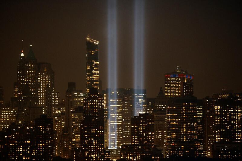 The Tribute in Light is seen in the sky above Lower Manhattan. AP Photo