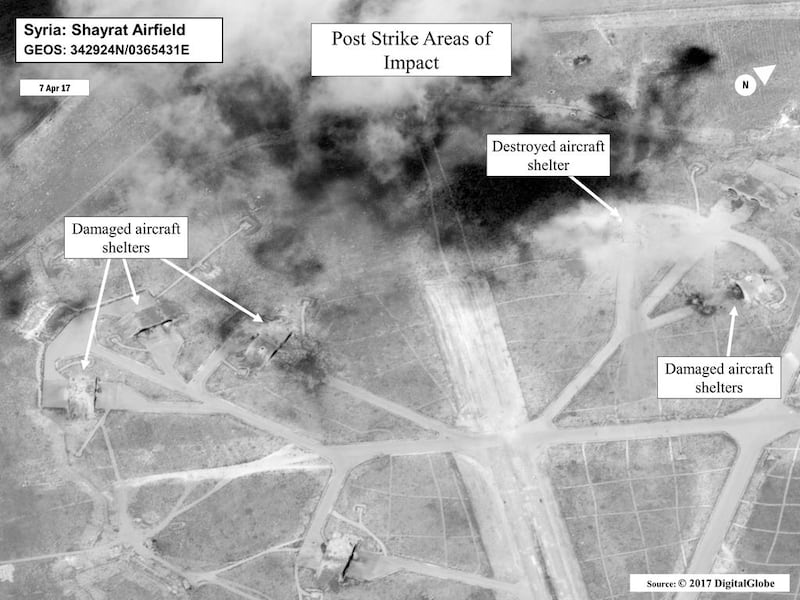 A satellite image released by the US department of defence showing a damage assessment image of Shayrat airbase in Syria, following US Tomahawk Land Attack Missile strikes on April 7, 2017. Critics say the damage to the runways amounted to a light-handed slap on the wrist. DigitalGlobe/US department of defence via AP