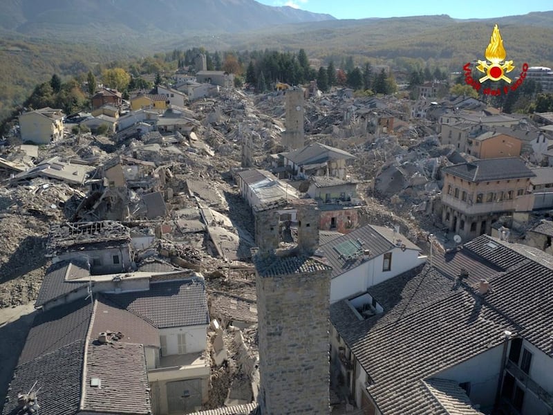 An aerial view of the destroyed hilltop town of Amatrice.  Vigili Del Fuoco / Italian Firefighters via AP