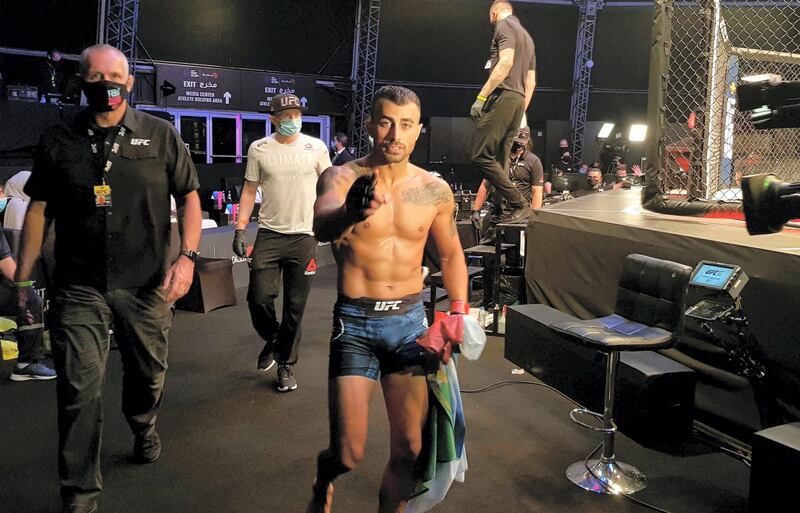 Makwan Amirkhani of Finland reacts after his win over Danny Henry in their featherweight fight during the UFC 251 event at Flash Forum on UFC Fight Island on Yas Island in Abu Dhabi. Erica Elkhershi / The National