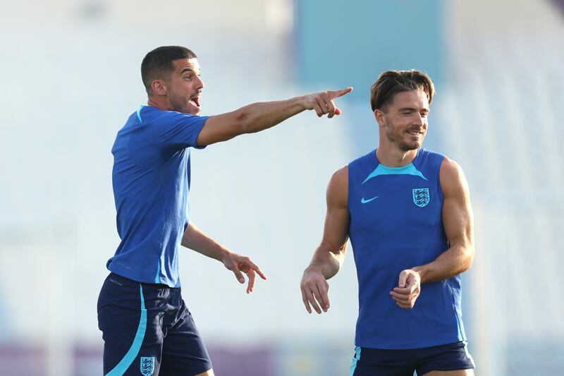 Conor Coady and Jack Grealish  during England training. Getty