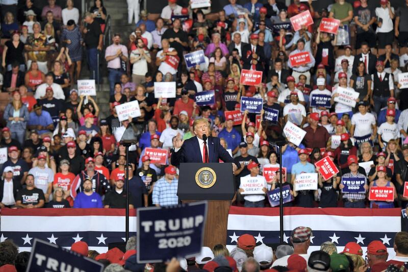 US President Donald Trump speaks during a "Keep America Great" campaign rally at the SNHU Arena in Manchester, New Hampshire, on August 15, 2019. (Photo by Nicholas Kamm / AFP)