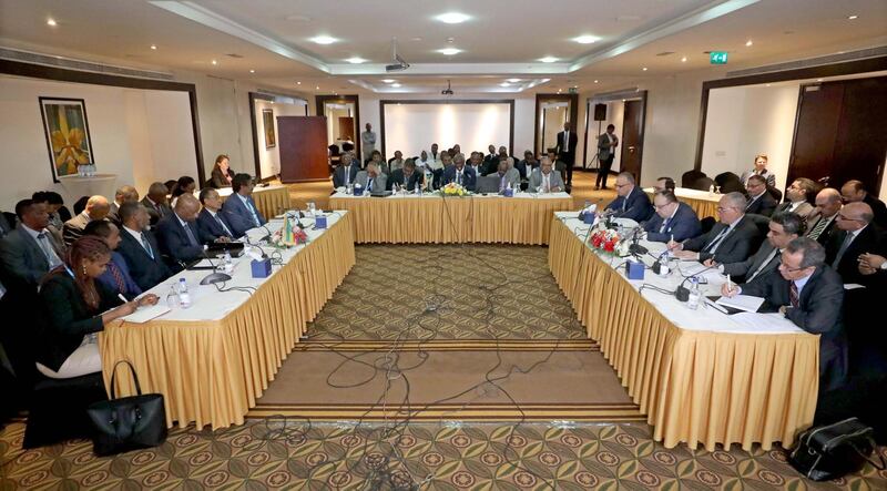 A general view shows from left to right, Ethiopian, Sudanese and Egyptian delegations taking part in a new round of talks over the Grand Ethiopian Renaissance Dam, in Khartoum, Sudan.  EPA