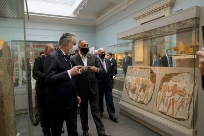 Iraqi Prime Minister Mustafa Al Kadhimi (R) visit to the British Museum came as 5,000 pieces of clay tablets are set to return to Iraq. Iraq Prime Minister Media Office