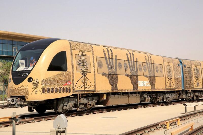 The winner of the 2011 Jameel Prize, Rachid Koraichi from Algeria, is another artist to have his art work decorating one of the trains transporting passengers around Dubai’s Metro system. His work is based on calligraphy and symbols. Courtesy RTA and Dubai Culture
