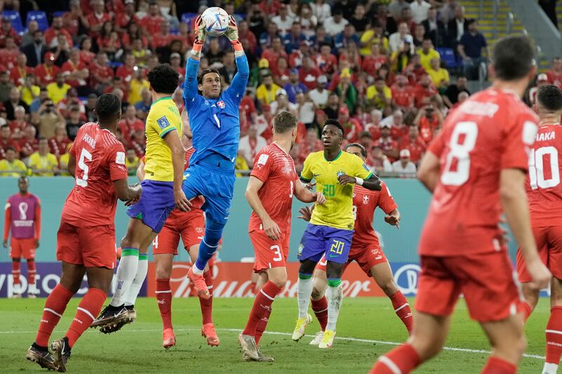 Switzerland goalkeeper Yann Sommer catches a cross. AP