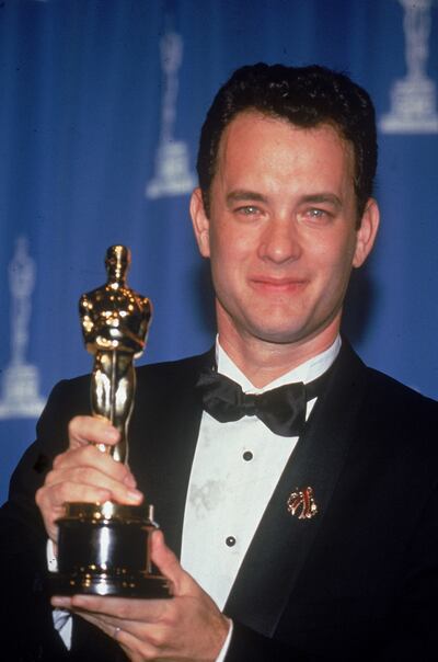 Tom Hanks with his Best Actor Oscar for Philadelphia at the 1994 Academy Awards. Getty Images