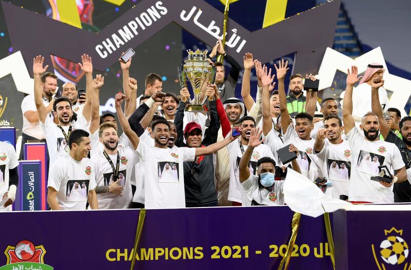 Shabab Al Ahli celebrate after beating Sharjah to win the Arabian Gulf Super Cup. Courtesy PLC