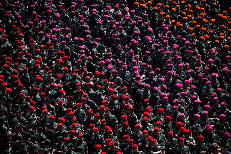 Soldiers gather as they attend a ceremony ahead of the upcoming Indonesia's general election in Jakarta, Indonesia. Reuters