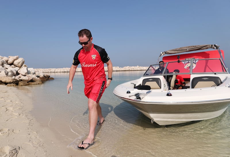 Captain Colin Munro arrives by boat in Jebel Ali for the Desert Vipers' jersey launch and press conference ahead of start of the International League T20. 