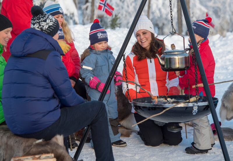 Catherine and Prince William cook with nursery children in Norway, during a visit to Sweden and Norway in February 2018