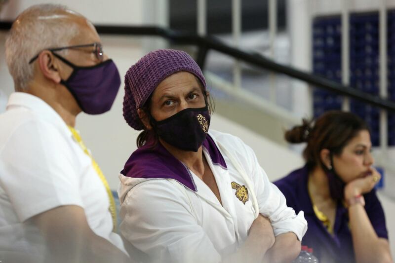 Shahrukh Khan and Jay Mehta co- owner of Kolkata Knight Riders during match 28 of season 13 of the Indian Premier League (IPL ) between the Royal Challengers Bangalore and the Kolkata Knight Riders held at the Sharjah Cricket Stadium, Sharjah in the United Arab Emirates on the 12th October 2020.  Photo by: Arjun Singh  / Sportzpics for BCCI