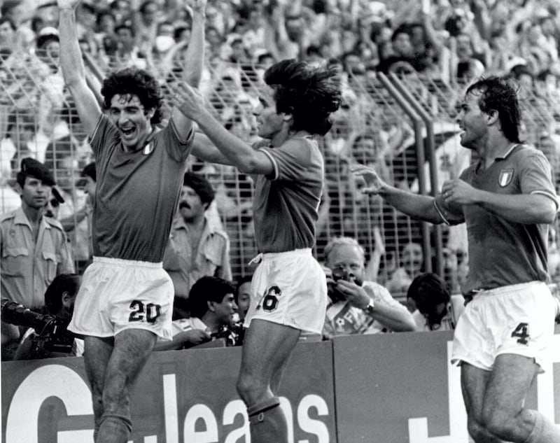 Soccer World Cup Final: Italy vs W. Germany.Italian Paolo Rossi (no 20) scores the winning goal Italy to take over the World Cup 82.The glory days... Italian star Paulo Rossi as he is best remembered, hailing another of his goals. July 11, 1982. (Photo by Antonin Cermak/Fairfax Media via Getty Images).