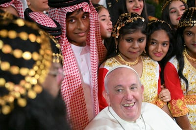 Pope Francis told school girls and boys to dream big, take risks and believe in themselves during a meeting with young people at the Sacred Heart School in Manama, Bahrain on November 5. EPA 