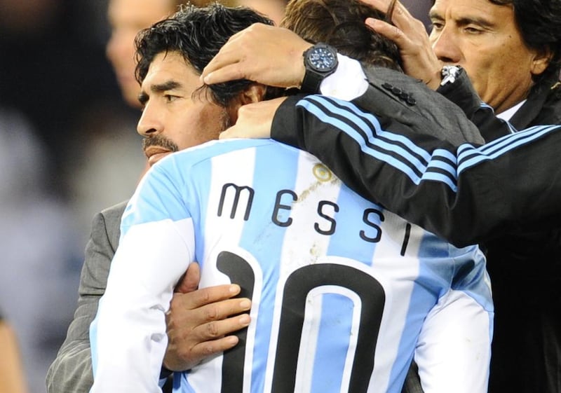 Diego Maradona, left, has been critical of Lionel Messi eight years after managing him and the Argentines at the 2010 World Cup. AFP