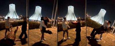 Still images from a video show Astiyazh Haghighi and Amir Ahmadi dancing in front of Tehran's Azadi Tower. AFP